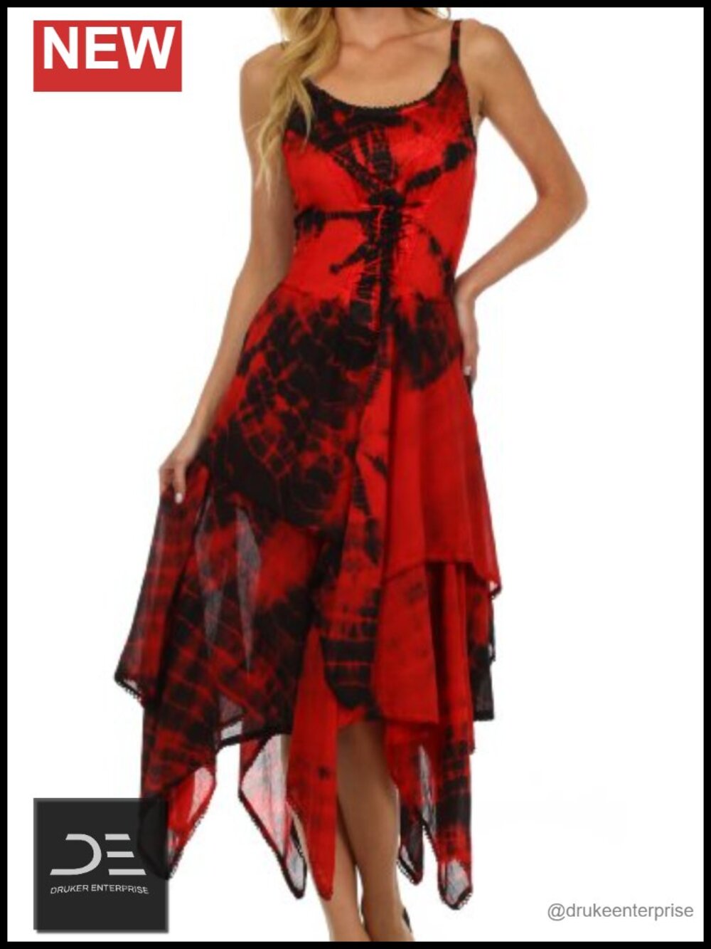 Tie-Dye Corset Bodice Handkerchief Hem Dress – Adjustable Straps, Cotton Blend - Picture 1 of 5